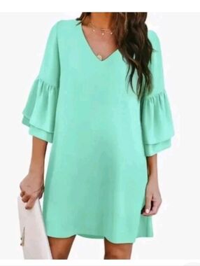Belongsci Mint V-Neck Ruffle Sleeve Mini Dress